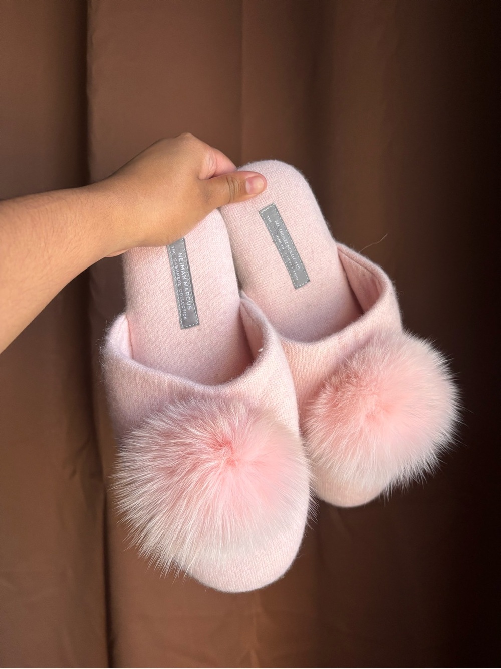 Neiman Marcus Light Pink Pom-Pom Slip-On Slippers